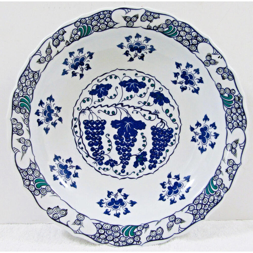 MMA Iznik Turkey Large Decorative Bowl with Grapes Design Blue, Green and White